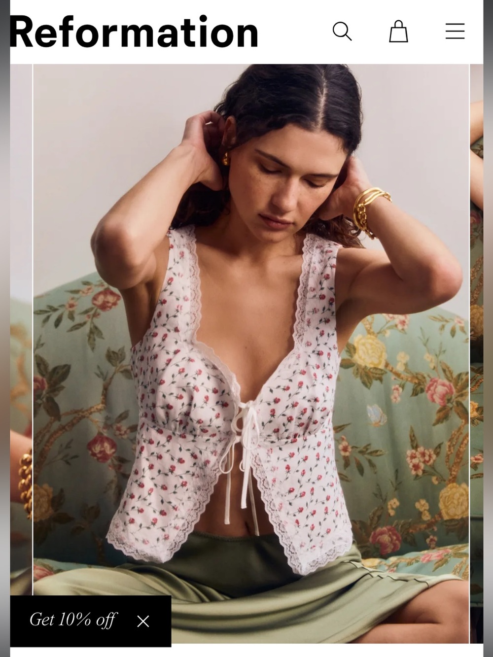 Reformation White Floral Lace-Trim Tie-Front Bandeau Cami
